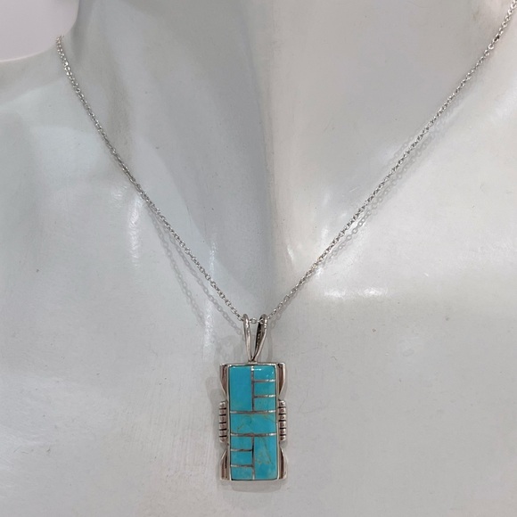 Santa Fe Style Turquoise Sterling Silver Pendant Necklace - Picture 2 of 11